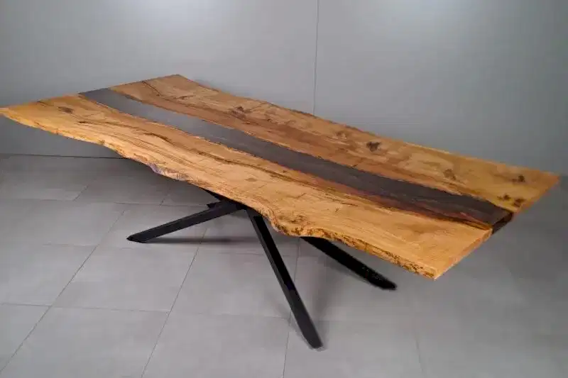 Meşe Doğal Kenarlı Epoksili Masa Kahve Metalik